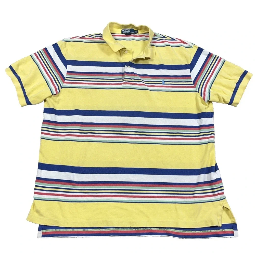 Polo Ralph Lauren Polo Shirt Men 2XB Yellow Blue Striped Mesh Rugby VTG Y2K *